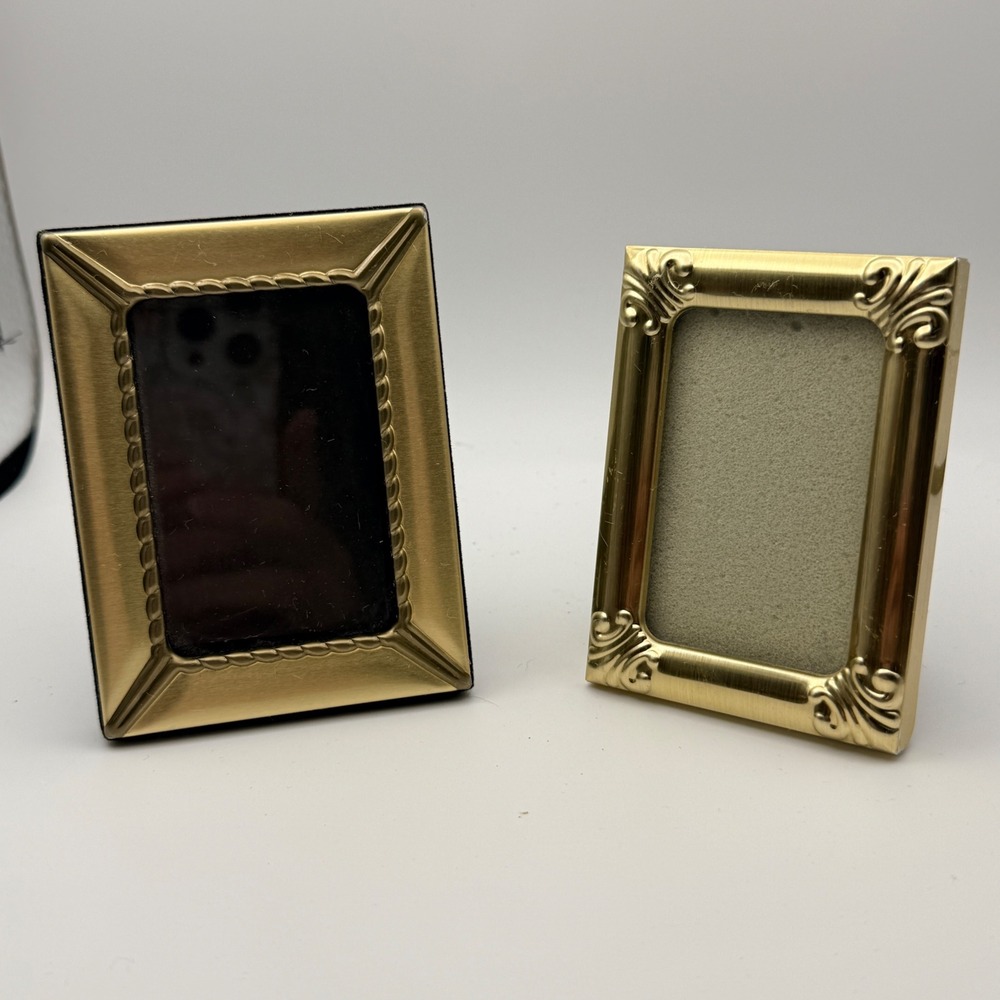 Set of 2 Mini Gold Metal Picture Frames Rope Border Scroll Detail 2x3 Tabletop